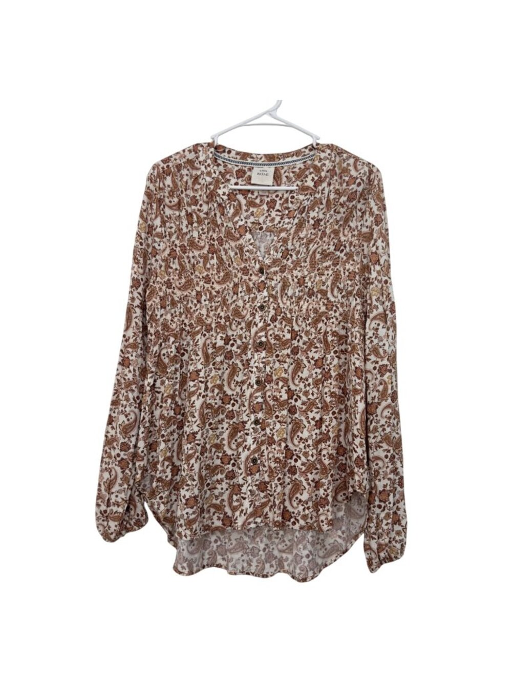 Knox Rose Womens Brown Paisley Floral V-Neck Long Sleeve Blouse SZ S Rayon 100%